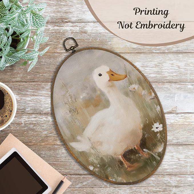 LKETW Vintage Farmhouse Duck Oval Wall Art Decor, Cottagecore Duck Wildflower Oval Canvas Hanging Decor, Rustic Farm Animal Wall Decorations for Home Bedroom Living Room, 8.6x11.4 Inch