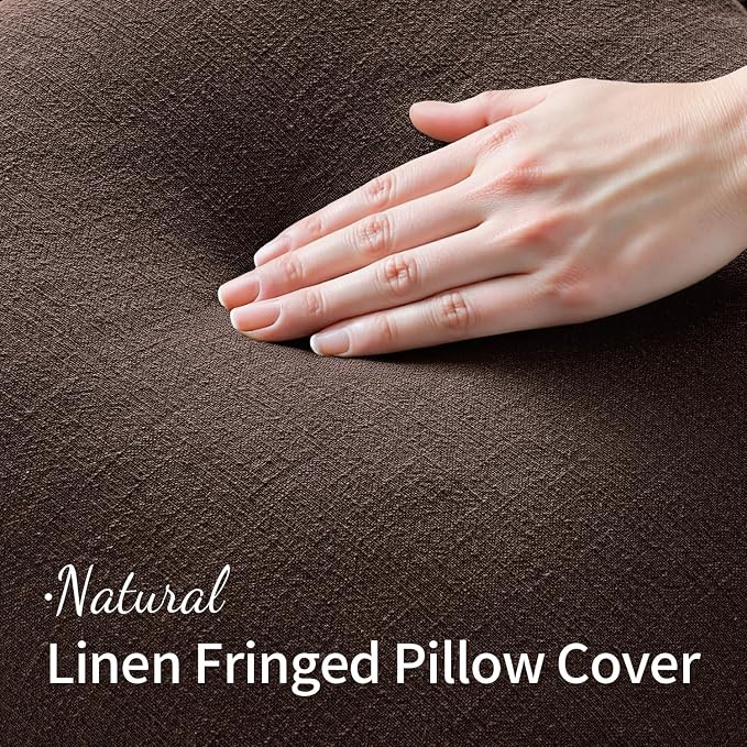 MIULEE Linen Fringe Decorative Fall Throw Pillow Covers Dark Brown 18x18 | Set of 2, Cottagecore Decor, Boho Farmhouse Neutral Pillow Covers, Rustic Fall Couch Cushion Cases for Sofa Bed Living Room