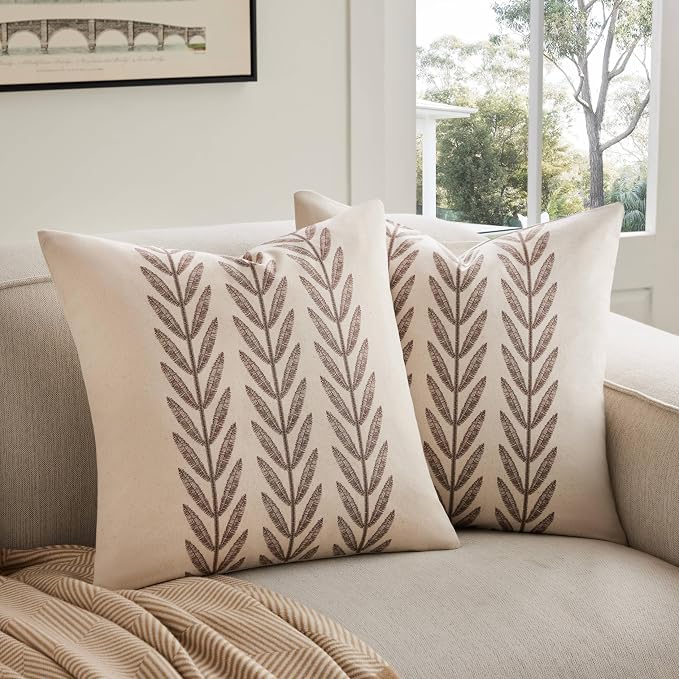 Farmhouse Leaves Throw Pillow Covers Set of 2, 20x20in Chocolate | 100% Organic Cotton, Rustic Accent Print Pillow Case, Pastoral Decorative Cushion Covers for Sofa Bed Living Room Home Decor