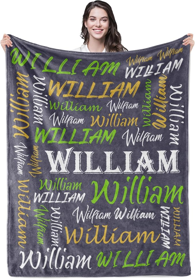 Personalized Name Grey Blue Theme Light Soft Flannel Fleece Throw Blanket, 60" x 80", Customized Name Gifts for Men Women Boys Girls Kids