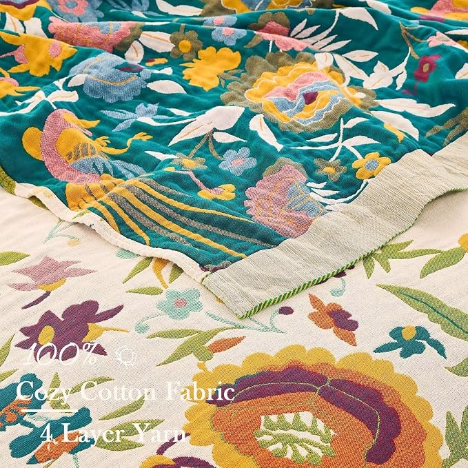 XIBLC Boho Throw Blanket for Bed, 100% Cotton Soft Rustic Quilt Fall Blanket, 80" 90" Floral Printed Farmhouse Decor Bed Blankets, All Season Rustic Reversible Bohemian Throw Quilt