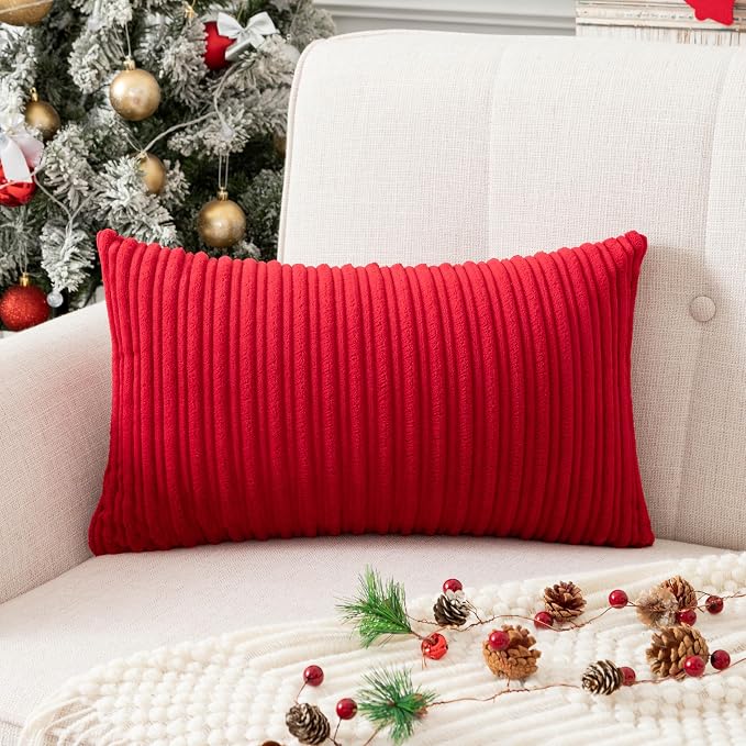 UGASA 12x24 Inch Christmas Pillow Cover Pack of 1 Soft Boho Stripe Corduroy Long Rectangle Lumbar Cushion Case Farmhouse Decorative Pilowcase for Bed, Couch, Sofa, Bedroom, Living Room, Burgundy