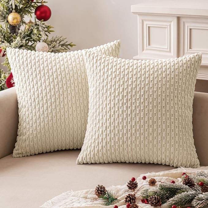 MIULEE Decorative Throw Pillow Covers 16x16 Cream White Textured Corduroy | Pack of 2 Striped Pillow Covers Modern Farmhouse Home Decor for Couch Bed Sofa Living Room