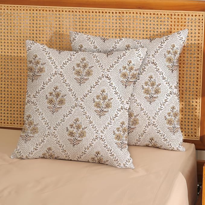Floral Pillow Covers 18X18 Set of 2 Block Print Brown Flower Decorative Throw Pillow Covers Boho Modern Floral Decor Pillowcase Farmhouse Linen Cushion Case for Sofa Couch Outdoor Decoration
