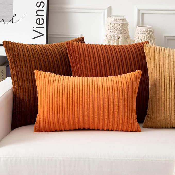 UGASA Fall Velvet 16x16 Inch Soft Throw Pillow Covers Decorative Corduroy Striped Both Sides Solid Square Cushion Cases Boho Farmhouse for Couch Bedroom Sofa Home, Pack of 2, Burnt Orange