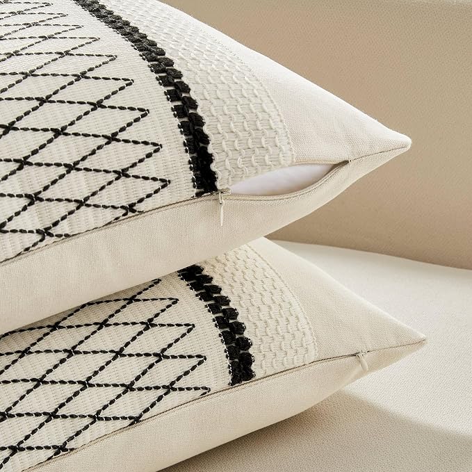 2 Pack Boho Lumbar Pillow Covers, Grid Black 12x20in | Soft Breathable Cotton, Farmhouse Decorative Couch Pillow Cases, Cushion Covers for Sofa Bed Living Room Home Decor