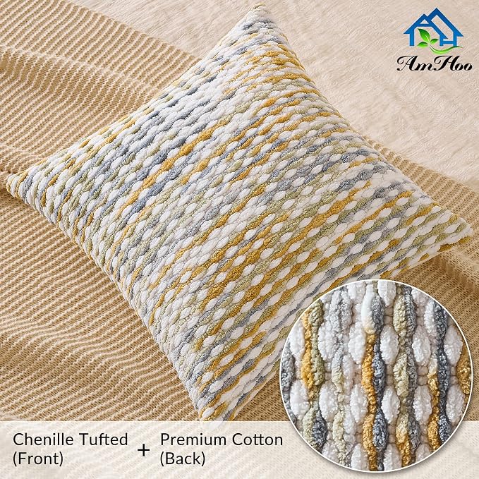 Boho Chenille Pillow Cover Decorative Tufted Pillowcase for Couch Bed Sofa Bedroom Living Room Modern 18 x 18-Inch Grey