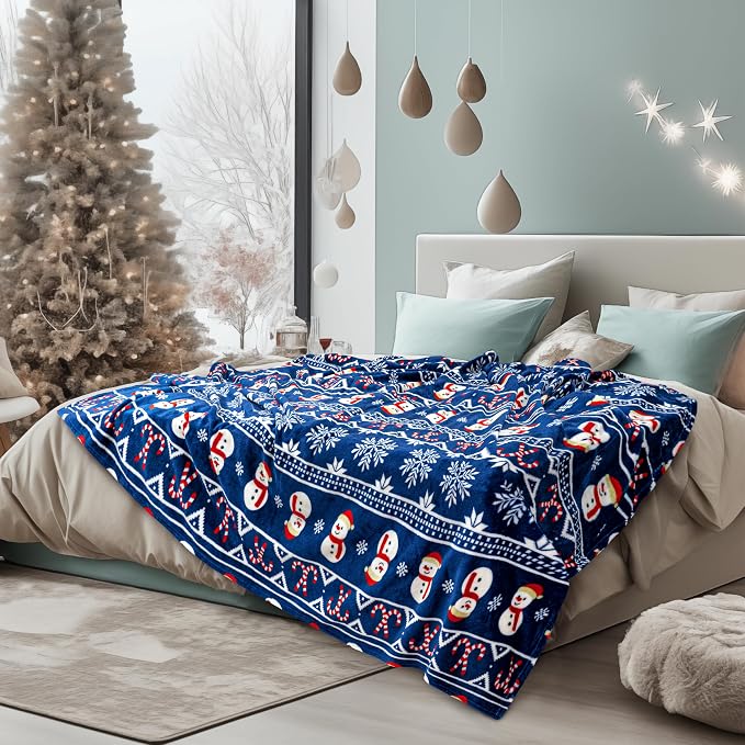 PAVILIA Christmas Snowman Throw Blanket | Blue Holiday Christmas Fleece Blanket | Soft, Plush, Warm Winter Cabin Throw, 60x80 (Blue Christmas)