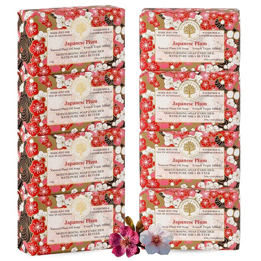 Wavertree & London Japanese Plum Scented Natural Soap (8 Bars), 7oz Moisturizing French Triple Milled Soap Bars enriched with shea butter - Pure Plant Oil Bath & Body Bars for All Skin Types