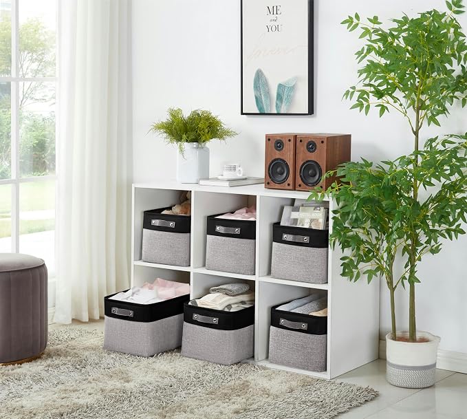 DECOMOMO Storage Bins, Large Fabric Storage Baskets for Shelves 3 Pack | 15 x 11 x 9.5 inches Decorative Linen Closet Organizers (Grey & Black)