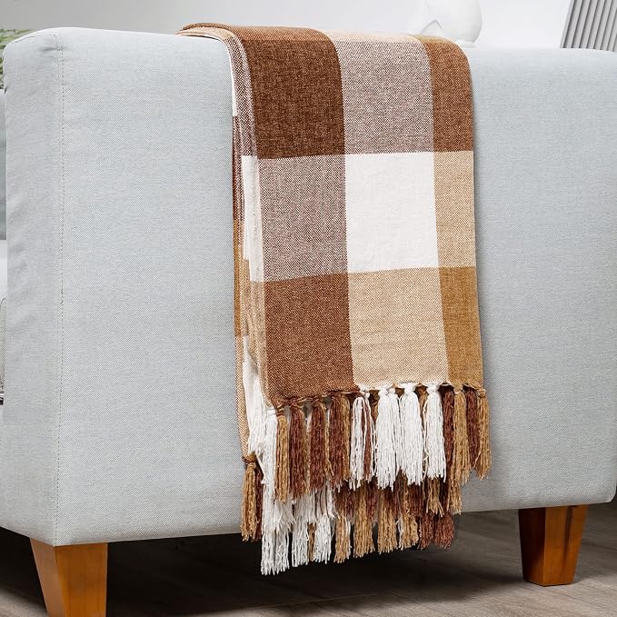 RECYCO Buffalo Plaid Chenille Throw Blanket, 50"x60", Brown Off White | Super Soft Knit Throw Blanket with Tassels, Lightweight, Cozy, Farmhouse Decor, Ideal for Couch Sofa Chair Bed Living Room