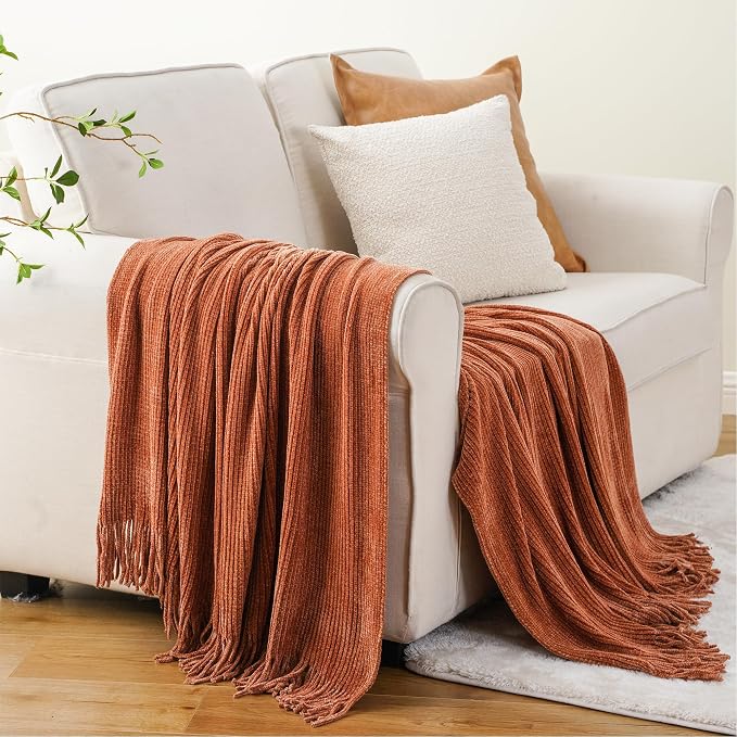 BATTILO HOME Rust Orange Throw Blanket for Couch, 50"x60" | Soft Chenille Knit Blanket with Tassels for Home Decor, Spring Fall Decor Throws for Couch Cover