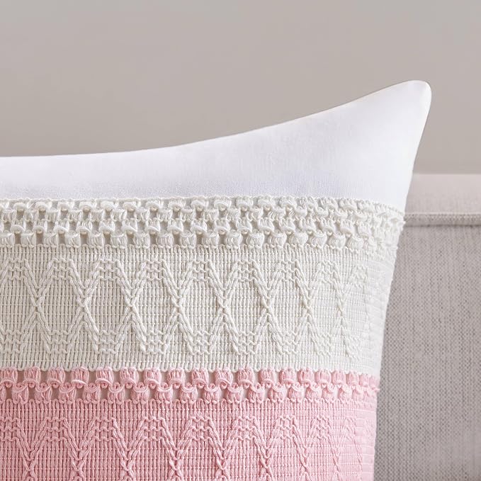 2pk Boho Pillow Covers 16x16, Natural White/Contrast/Light Pink | 100% Organic Cotton Body, Stripe Embroidery, Farmhouse Decorative Cushion Covers for Sofa Bed Living Room Home Decor