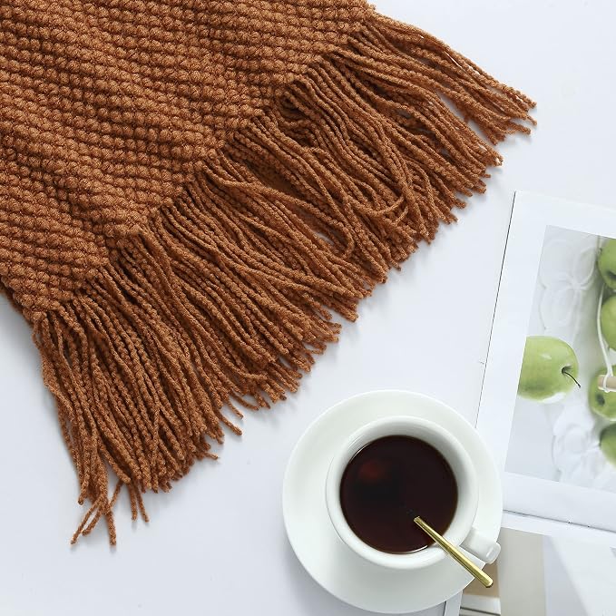 CREVENT Rustic Farmhouse Knit Throw Blanket for Couch Sofa Chair Bed Home Decoration, Soft Warm Cozy Light Weight for Spring Summer Fall (50''X60'' Caramel)