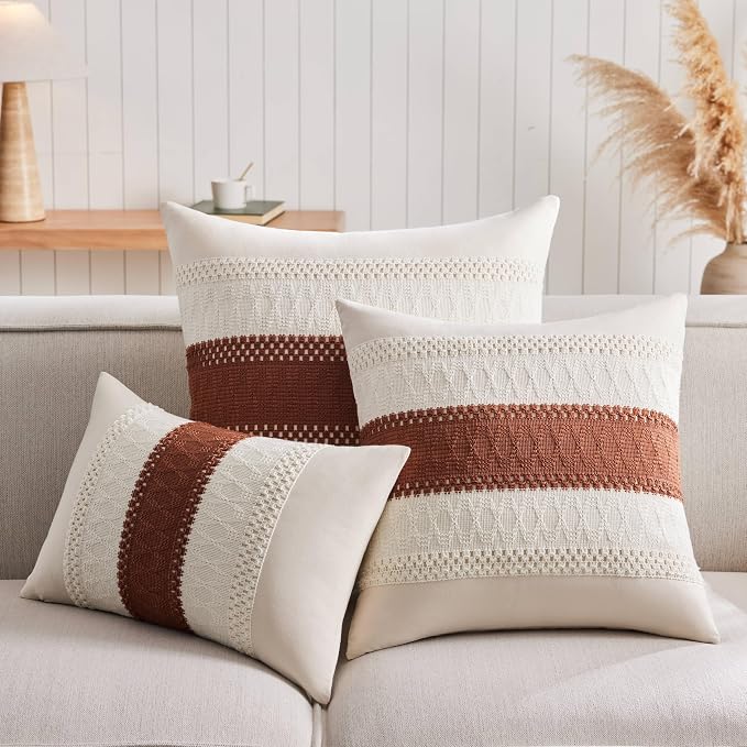 2 Pack Boho Throw Pillow Covers, Contrast Terracota 24x24in | Soft Breathable Cotton, Farmhouse Decorative Couch Pillow Cases, Cushion Covers for Sofa Bed Living Room Home Decor