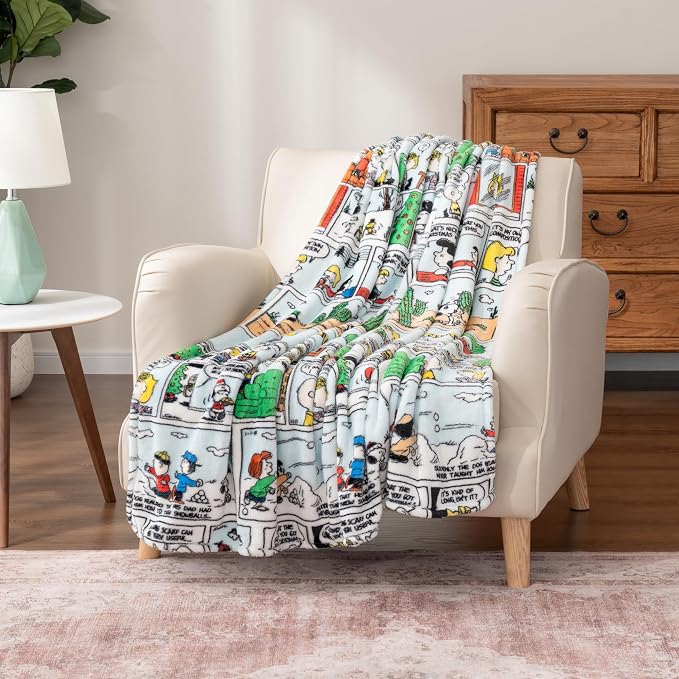 Berkshire Blanket Peanuts® VelvetLoft® Cute Character Snoopy Plush Oversized Throw Blanket, Peanuts Christmas Comic Strip Colorized White (50in x 60in)