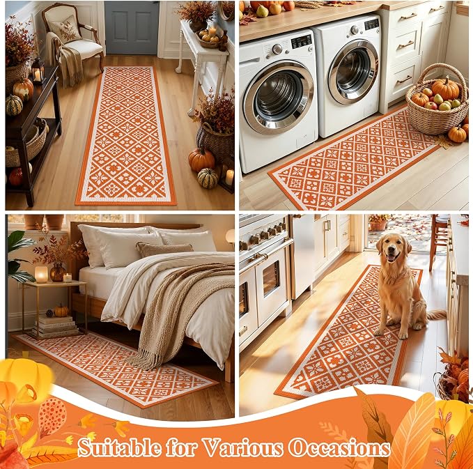 Ileading Fall Hallway Runner Rug Washable Orange Autumn Kitchen Mat 2x6 ft