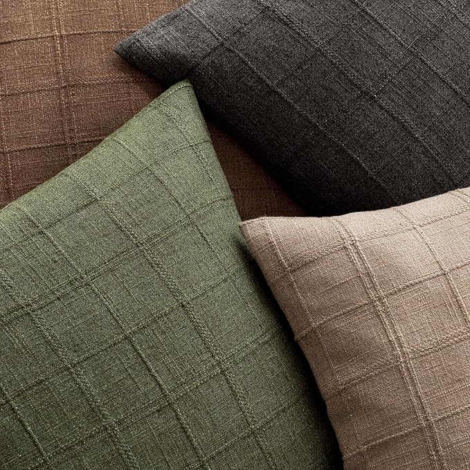 Foindtower Set of 2 Decorative Linen Check Throw Pillow Covers Neutral Farmhouse Lumbar Cushion Covers Modern Boho Home Decor for Sofa Chair Couch Bedroom Living Room,12×20 Inch,Olive Green