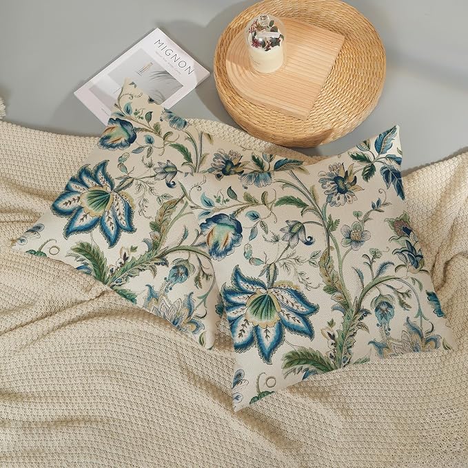 Blue Green Pillow Covers 18x18 Set of 2 Sage Green Chinoiserie Floral Throw Pillows Boho Vintage Flowers Decorative Pillowcase Outdoor Chinoiserie Decor Farmhouse Cushion Case for Couch Sofa