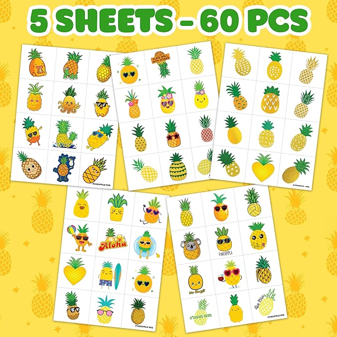 Pineapple Temporary Tattoos – 60 PCS (5 Sheets) Gold Summer Theme Birthday Party Favors, Cute Stickers for Kids Boys Girls, Classroom Prizes, Carnival Holiday Gifts
