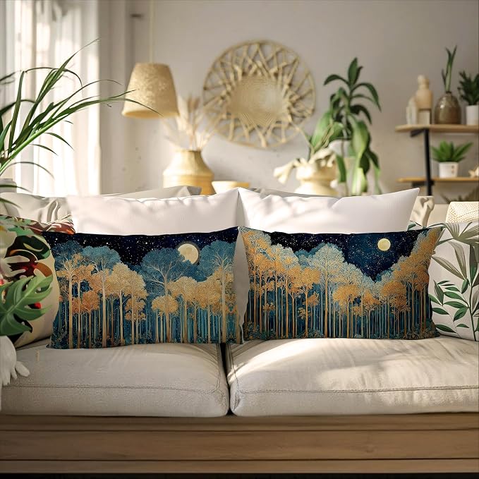 Rustic William Morris Inspired Gold Forest Moon Pillow Covers 12x20 Set of 2,Vintage Black and Gold Botanical Moon Nature Landscape Decorative Throw Pillow Covers for Home Bedroom Living Room
