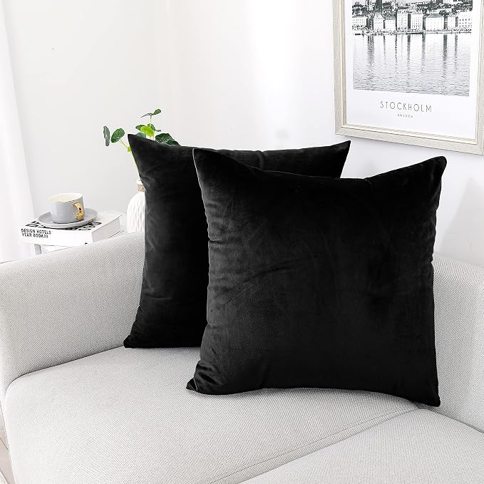 NiNi ALL Black Velvet Throw Pillow Covers 20x20 Pack of 2 Decorative Couch | Soft Solid Boho Cushion Squar Pillow Cases for Chair Sofa Bedroom Farmhouse Living room Modern Luxury Home Decor Halloween