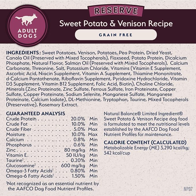 Natural Balance Limited Ingredient Adult Dry Dog Food - Balanced Nutrition for Adult Dogs - Grain-Free, Soy-Free Recipe - Limited Ingredient Formula - 22 lb - Reserve Sweet Potato & Venison Recipe
