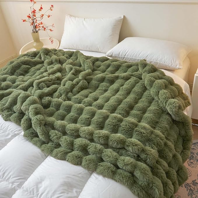 LIFEREVO Luxury Fluffy Faux Rabbit Fur Throw Blanket 60x80, Sage Green | Plush Fuzzy Bubble Lap Throw for Couch Sofa Office, Soft Moss Furry Bed Blanket Home Decoration, Washable & Skin-friendly