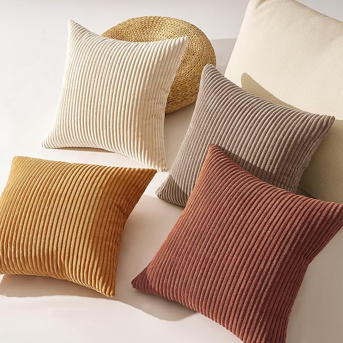 Topfinel Yellow Brown Gradient Rustic Pillow Case Boho Throw Pillow Covers 22x22 Inch Set of 4 Soft Farmhouse Corduroy Striped Decorative Cushion Cover for Sofa Couch Living Room Bedroom