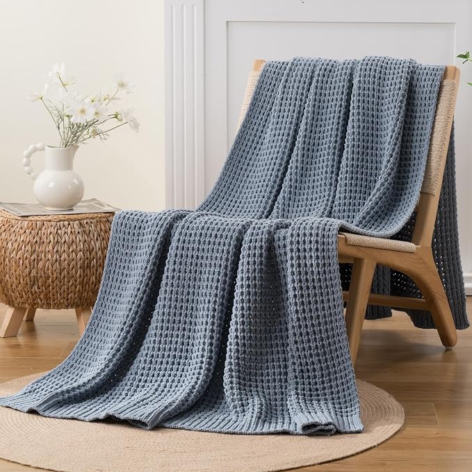 Blue Grey Throw Blanket for Couch, Waffle Knitted Throw Blanket 50"x60" | Chunky Chenille Throw Blanket, Soft Blue Throw Blanket for Home Decor, Sofa, Modern Farmhouse Knit Style