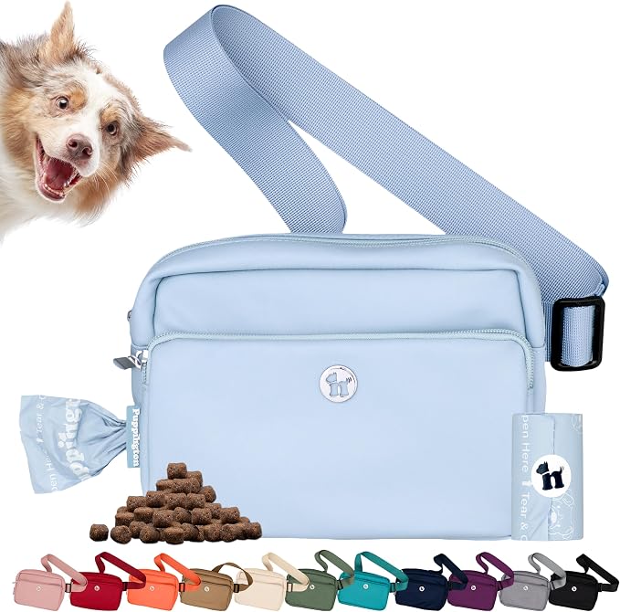 Puppington 3-in-1 Crossbody Dog Walking Bag & Treat Pouch with Matching Planet Safe Poop Bags & Built-In Dispenser - Dog Mom Gift for Puppy Training with Zippered Pockets (Ice Blue)