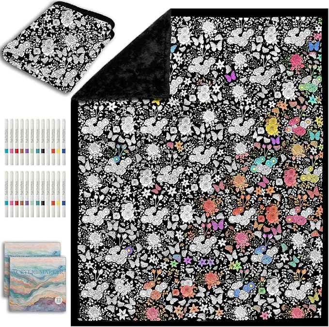 ZHOYIMIMI DIY Cozy Coloring Blankets for Kids & Adults -24 Markers | 50" x 60", Machine Washable, Cozy Velvet, Printed Patterns, ideal for daily use, home decor and kids spaces, Gift Wrapped