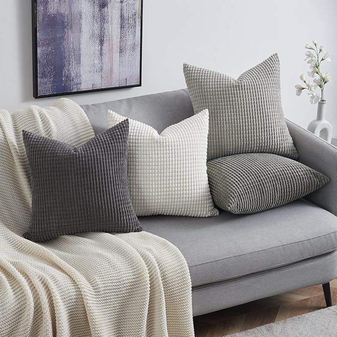 Topfinel 4 Packs Grey Decorative Throw Pillow Covers 24x24 Inch for Living Room Couch Bed Sofa, Boho Western Farmhouse Home Decor, Square Soft Moss Corduroy Fall Cushion Case 60x60 cm