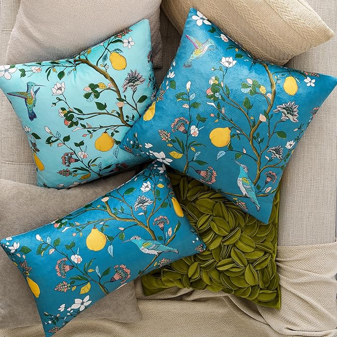 MUSSEL Peacock Blue Velvet Floral Decorative 20x20 Pillow Covers Set of 2 | Durable Sturdy,Botanical Printed Pattern,Throw Pillows Case,Square,Colorful Mid Century Cushion Covers,Sofa Couch Decor