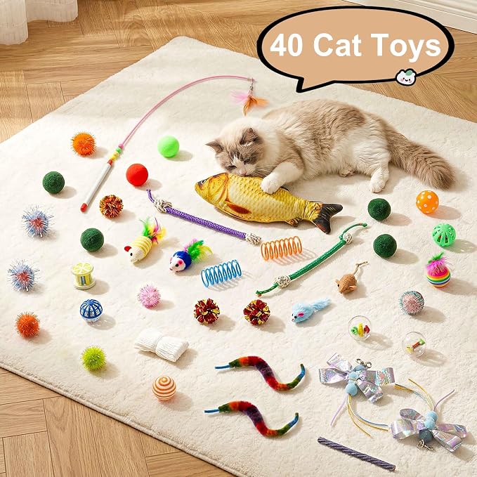 Cat Tunnel Bed with 40 Pcs Interactive Cat Toys, White | Cat Tube with Kitten Toys for Indoor Kittens, Collapsible Play Tunnel, Cat Gifts