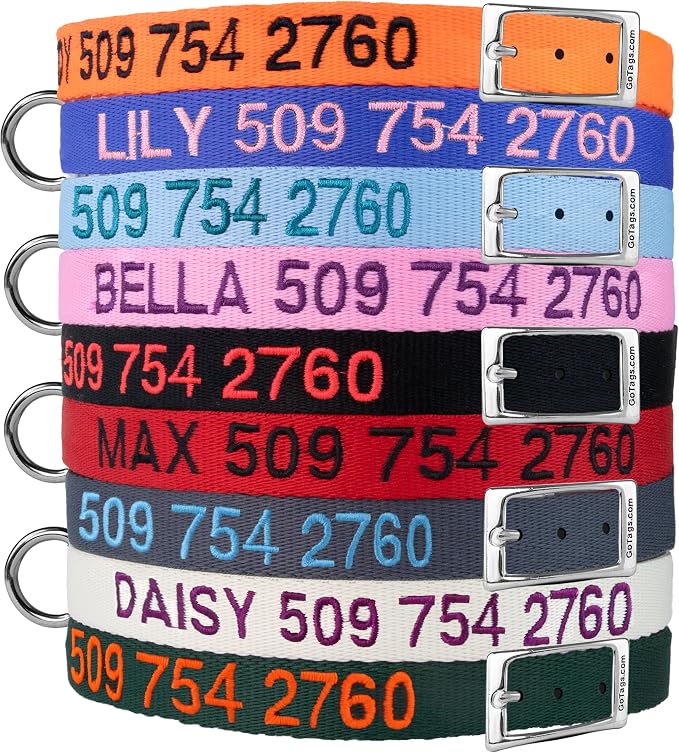 GoTags Personalized Dog Collar with Buckle, Custom Embroidered with Pet Name and Phone Number in Blue, Black, Pink, Red and Orange, for Boy and Girl Dogs or Cats, 10 Adjustable Sizes