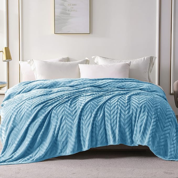 Whale Flotilla Flannel Fleece Fall Bed Blanket Twin Size, Stone Blue | Lightweight Breathable Soft Bedspread, Plush Fluffy Coverlet Chevron Design Decorative Blanket for Home Life, 60x80 Inch