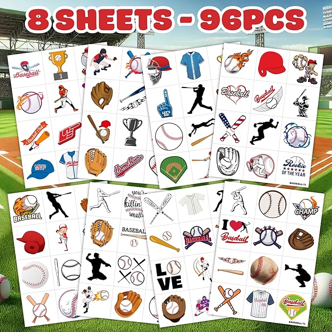 96PCS Baseball Pre-Cut Temporary Tattoos for Kids - Sports Birthday Party Favors, Baseball Party Supplies, Goodie Bag Fillers, School Prizes for Boys & Girls