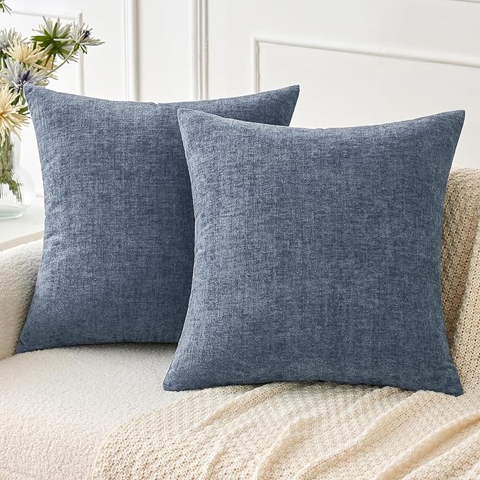MIULEE Soft Chenille Throw Pillow Covers Dark Grey Blue 18x18 Pack of 2 | Modern Coastal Home Decor, Classic Decorative Pillows, Solid Dyed Cases, Boho Couch Cushion Covers for Sofa Bed Living Room