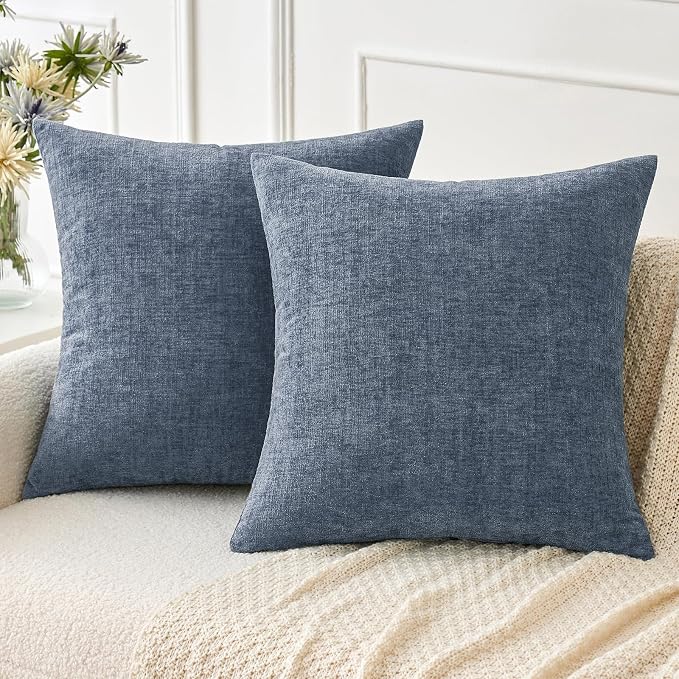 MIULEE Soft Chenille Throw Pillow Covers Dark Grey Blue 20x20 Pack of 2 | Modern Coastal Home Decor, Classic Decorative Pillows, Solid Dyed Cases, Boho Couch Cushion Covers for Sofa Bed Living Room