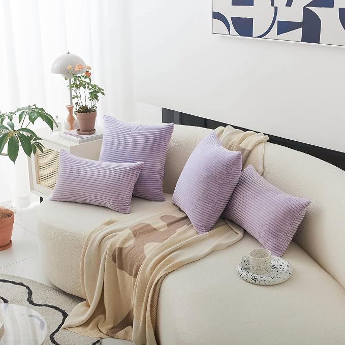Home Brilliant Decorative Throw Pillow Cover 20 x 20 Soft Corduroy Pillow Cover Velvet Striped Pillow Cover for Sofa Couch Chair Car Light Purple, 20x20 inch (50cm), Lavender