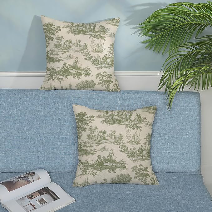 French Country Pillow Covers 18x18 Set of 2 Vintage Sage Green Throw Pillows French Country Outdoor Decorative Pillowcase Retro Rustic Linen Decor Farmhouse Cushion Case for Couch Bed Sofa