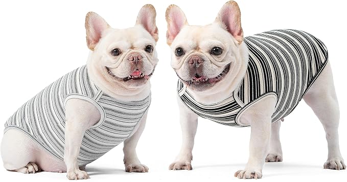 Dog Shirts Vest Cotton Striped T-Shirt, Sleeveless Stretchy Pet Clothes for Small Dogs, 2-Pack Soft Breathable Puppy Tank Top Cat Tee (Medium, Black,Gray)