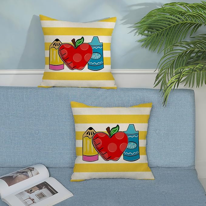 Classroom Pillow Covers 16x16 Inch Set of 2 Yellow Stripes Preppy Throw Pillows Kids Students Back to School Decor Pillowcase Linen Outdoor Decorations Farmhouse Cushion Case for Sofa Home