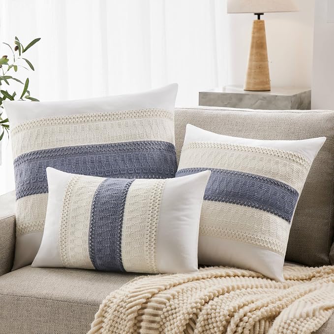 2pk Boho Pillow Covers 24x24, Natural White/Contrast/Blue | 100% Organic Cotton Body, Stripe Embroidery, Farmhouse Decorative Cushion Covers for Sofa Bed Living Room Home Decor