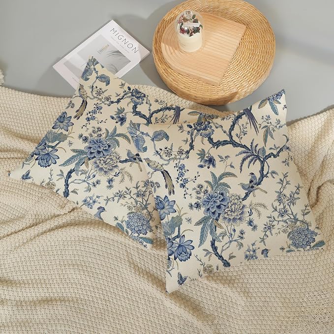 Chinoiserie Floral Bird Pillow Covers 18x18 Set of 2 Spring Chinoiserie Flowers Decorative Pillowcase Outdoor Blue and Cream Throw Pillows Farmhouse Linen Cushion Case for Couch Home Decor