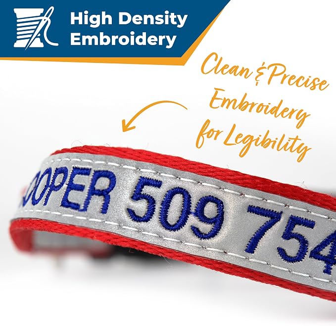GoTags Embroidered Reflective Dog Collars with Metal Buckle, Personalized Dog Collar Custom Embroidered with Pet Name and Phone Number, Sizes for Puppy and Dogs Extra Small, to Medium and Large