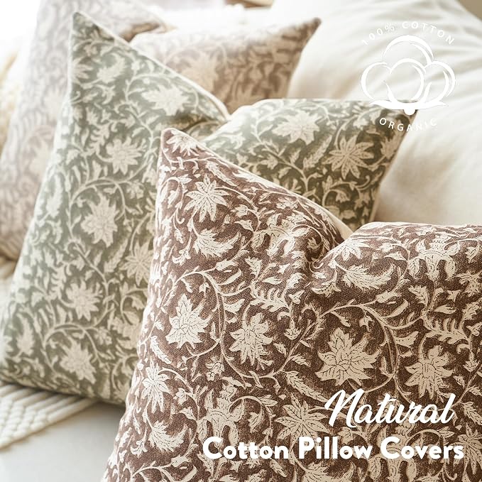 FIOUOVO Floral Throw Pillow Covers 24x24 Farmhouse Block Print Pillow Covers Decorative Pillow Covers Couch Pillows for Living Room Vintage Accent Sofa Pillows Set of 2, Brown