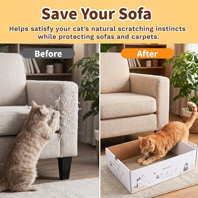 PatiencET Cat Scratch Pad with Box, Corrugated Cardboard Scratcher | Raised edges, less mess, cozy lounge, furniture protection, double-sided scratch surface, replaceable design, catnip included