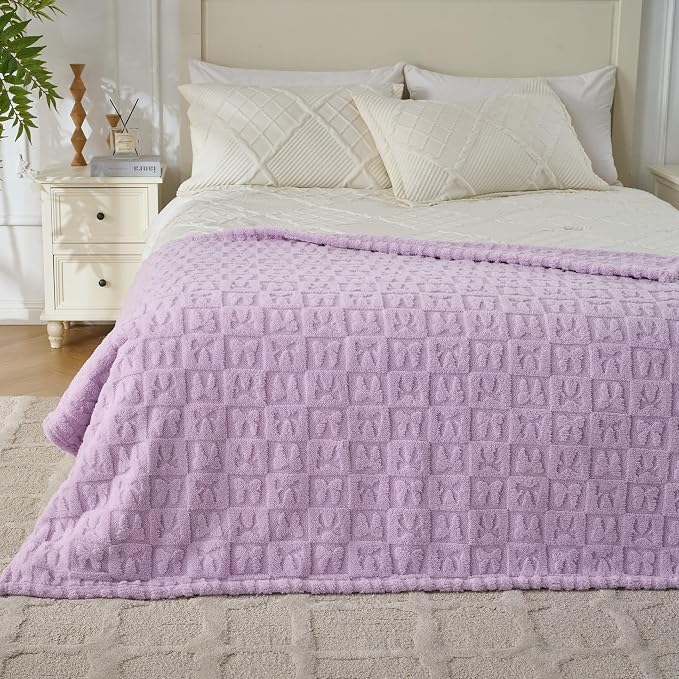 Lavender Plush Throw Blanket 50 x 60 Inch, Soft Fuzzy Fleece Blanket with Purple Bow, Cozy Decorative Blanket for Couch, Sofa, Bed and Bedroom